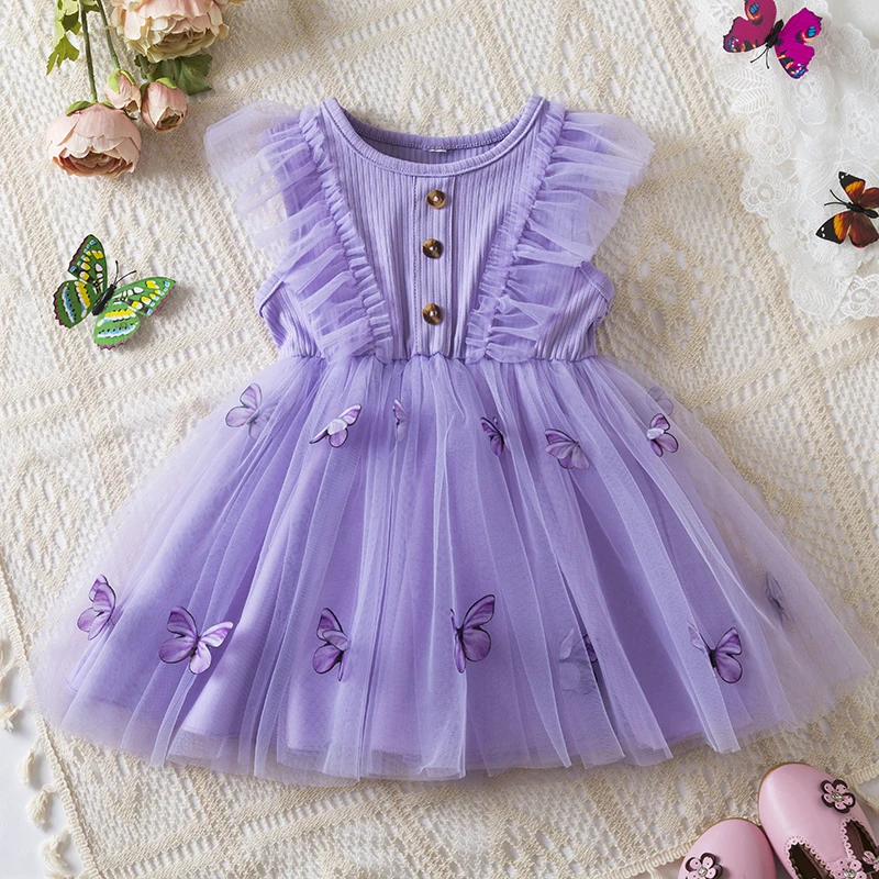 Summer Girl Kids Dress 2024 New Girls Lace Mesh Tutu Butterfly Floral Dress Children's Casual Fashion Clothes Vestidos 1-5Years