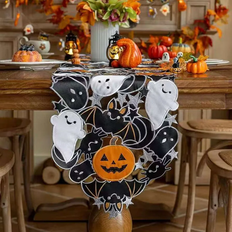 35x88cm Halloween Table Runner Pumpkin Ghost Bat Spiderweb Embroidered Tablecloth Vintage Fall Dining Party Cabinet Decor