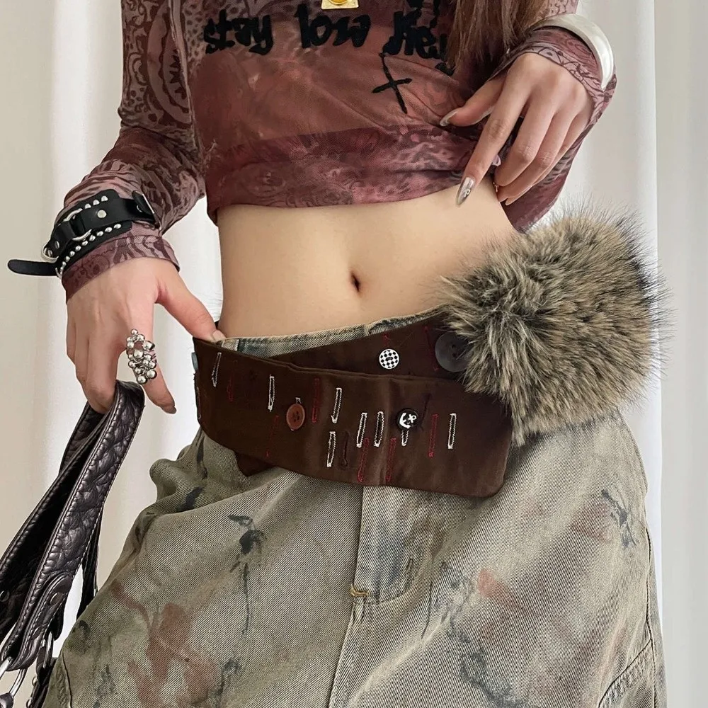 Cinto de couro gótico punk retrô costurado à mão y2k cinto de pele com fecho de gancho cinto largo feminino moda decoração de cintura