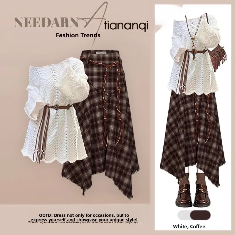

Faionable Autumn Outfit Women's Light Maturi Sle Hollow Design Slimming Vintage Plaid Skirt Two-Piece Set
