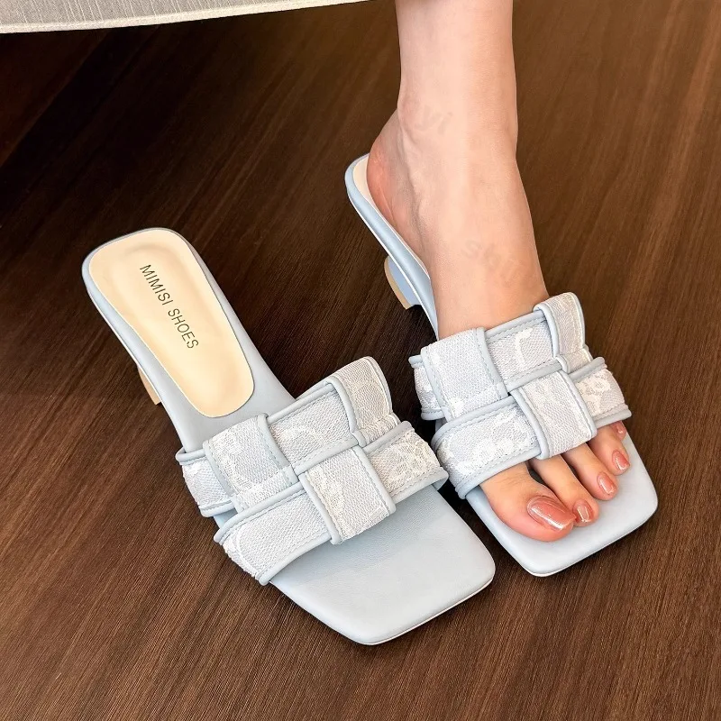 

Knitted Wedge Slippers Women 2025 New Style Summer Outerwear French Style Square Toe High-heeled Sandals Lightweight Cool Shoes