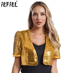 Womens Shiny Sequins Bolero Shrug Cardigan Jacket Retro Short Sleeve Crop Coat Nightclub Party Clubwear Dance Stage Performance