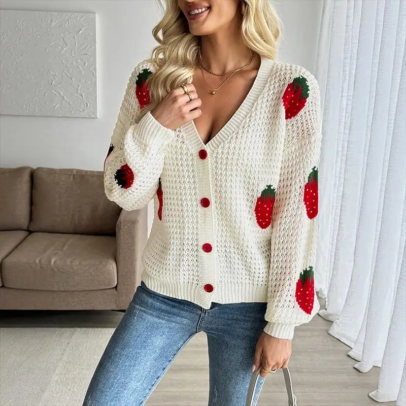 

Women's Cream White Strawberry Pattern V Neck Red Button Hollow Out Knit Cardigan Autumn Winter Casual Daily Outerwear