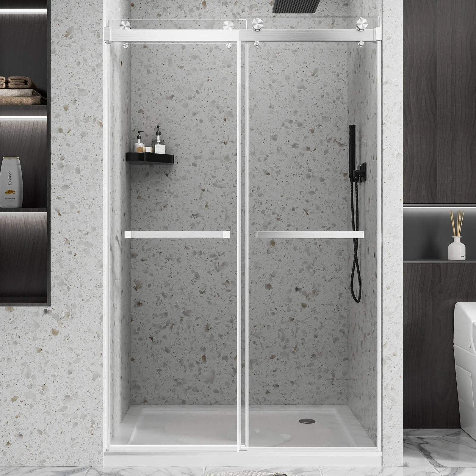 Adjustable 44~48 Inch Width ×76 Inch Height Frameless Bypass Shower Enclosure,6mm ANSI SGCC Clear Tempered Glass with Explosion-Proof Film, Reversible Double Sliding & Rustproof Stainless Steel Roller System