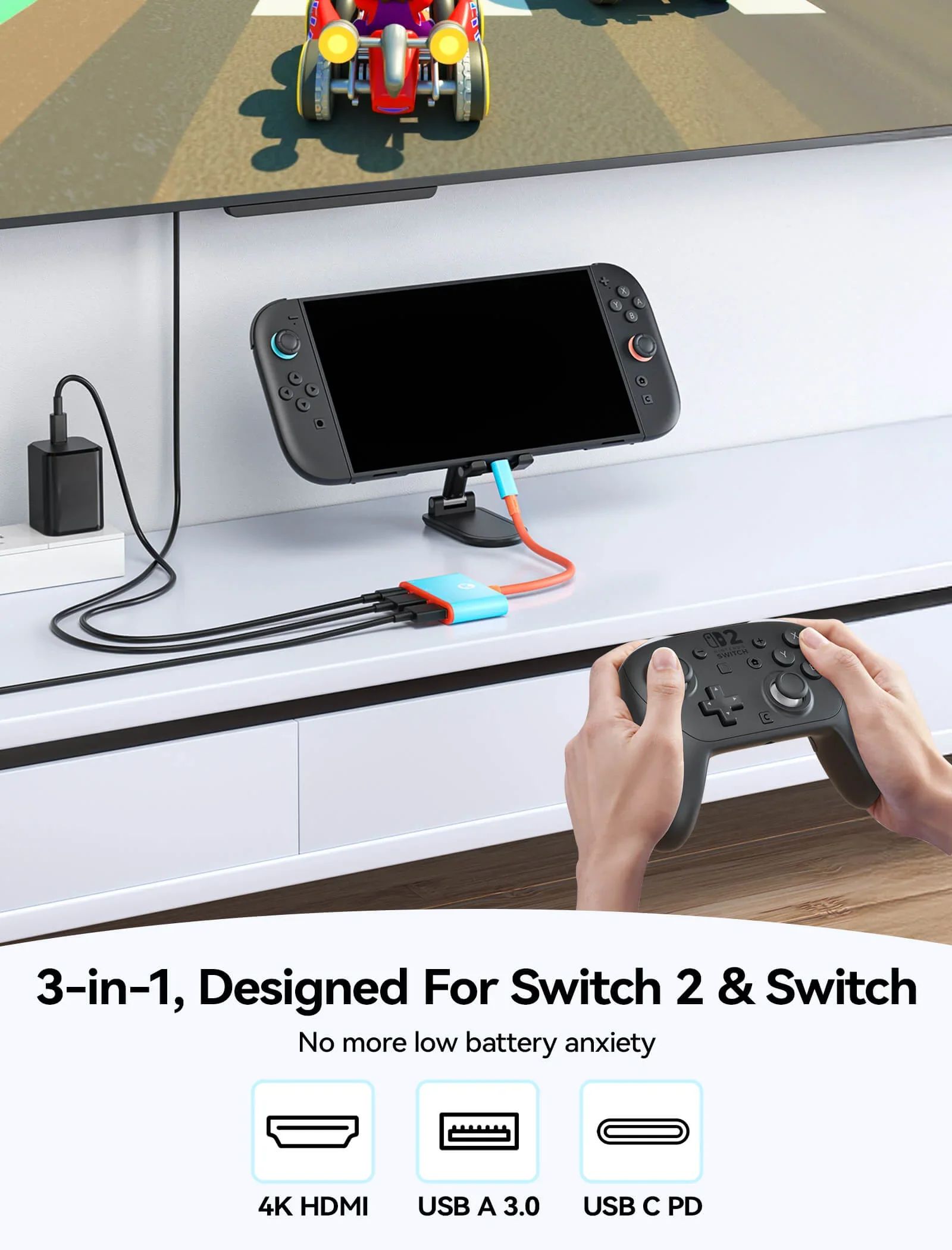 

Док-станция Switch 2, портативная док-станция для телевизора для коммутатора/переключателя 2, переключателя 3-в-1, 2 дорожных док-станции с HDMI 4K при 60 Гц, USB 3.0 и 100 Вт PD