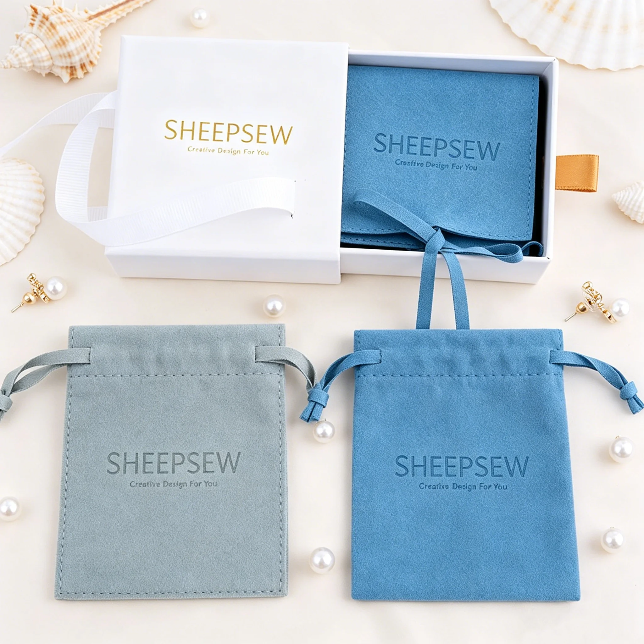 SheepSew Microfiber Drawstring Jewelry Pouch Black & White Color Dustproof Storage Packaging For Hoop Earrings Ring Bracelet Nec