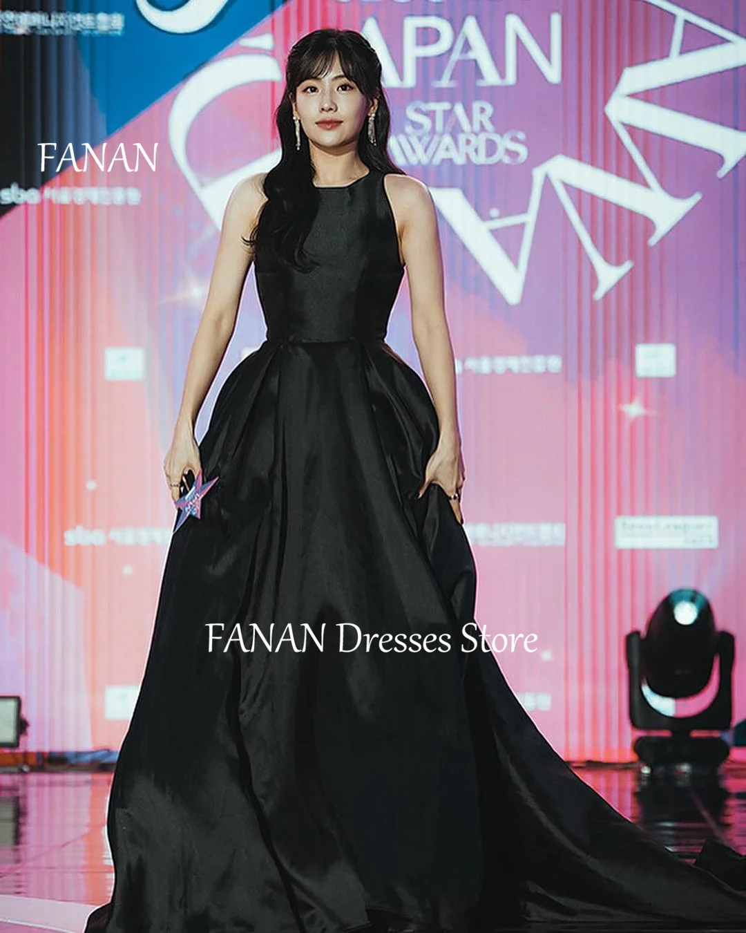 

FANAN O-Neck Black Satin Evening Party Dresses Korea Zipped Corset Simple Elegant Wedding Women Formal Gowns Event Prom Gowns