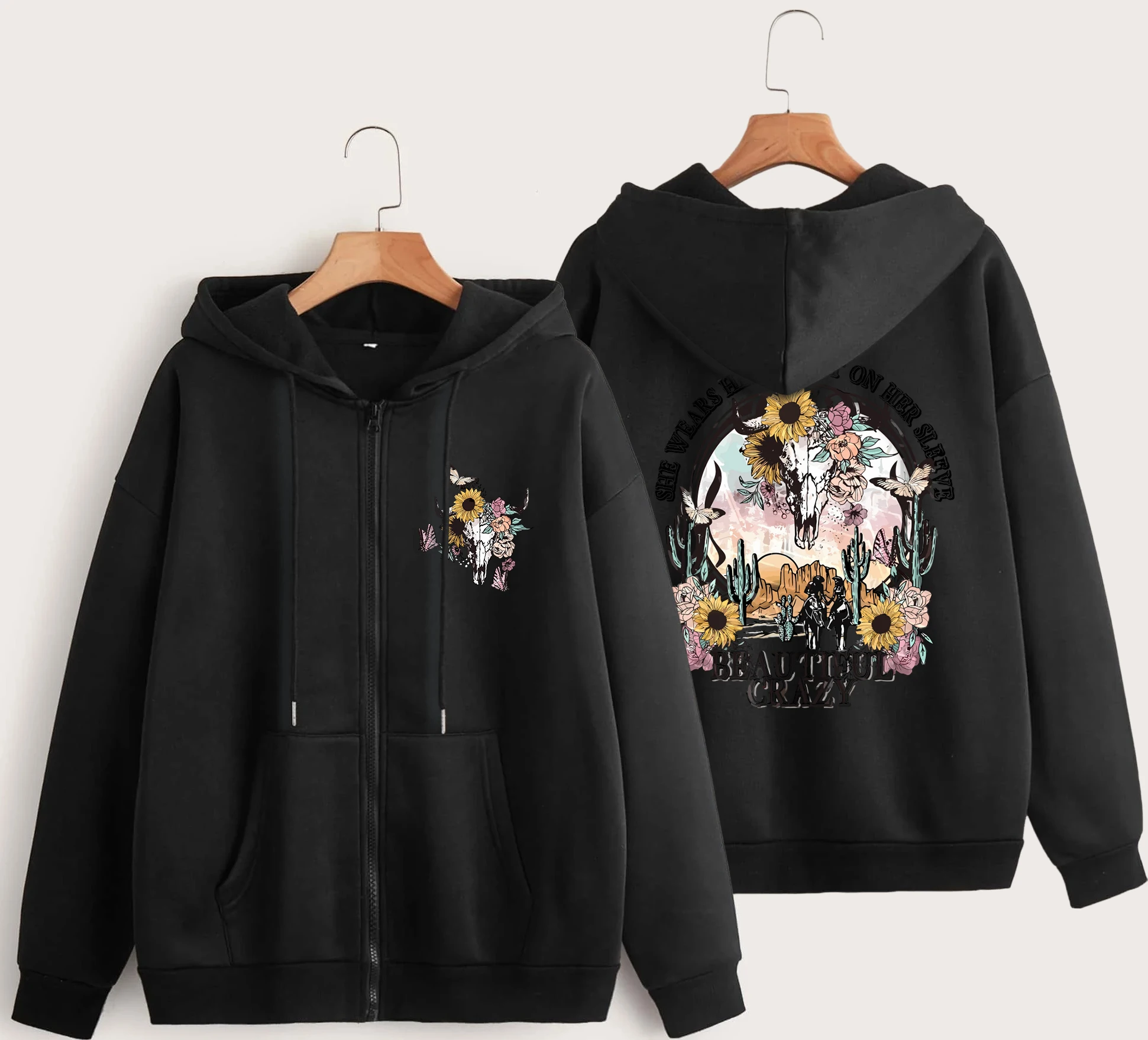 She Wears Her Heart On Her  Sleeve Printing Zipper Hoodie Women Autumn Loose Hoody Casual Fleece Sweatshirt Crewneck Pullover