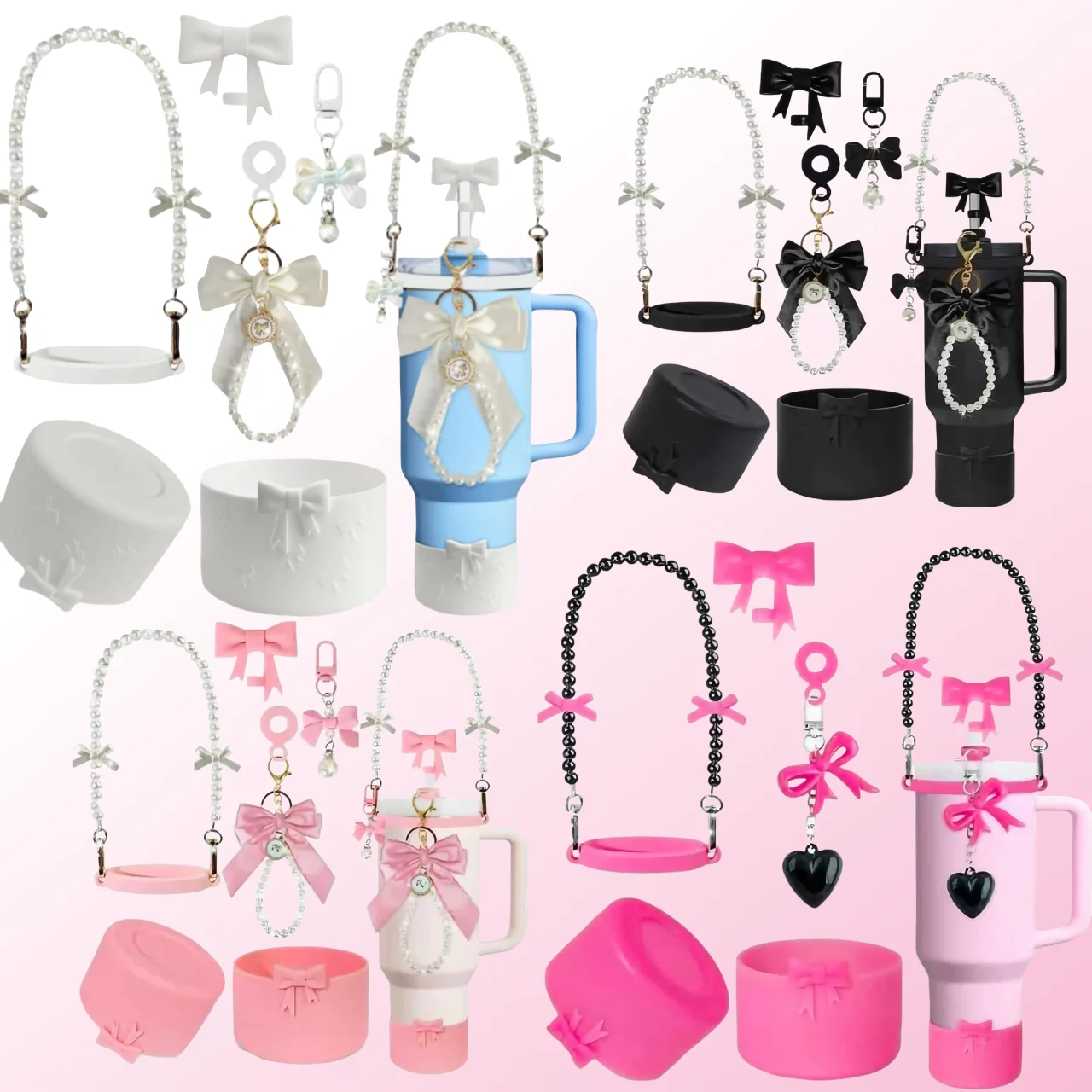 

N-Stock New Water Cup Accessories Set - Pearl Bowknot Charm Cup Sleeve Hand Strap Stylish Trendy Decorations (Cup Not Included)