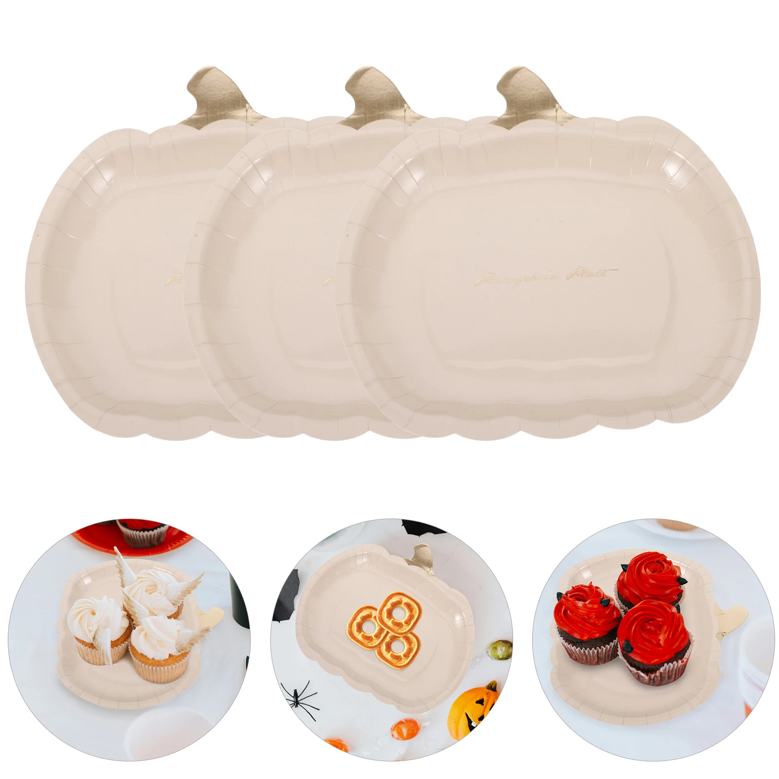 

10 Inch Beige Pumpkin Shaped Disposable Dinner Plates for Halloween Thanksgiving Party Supplies Lightweight Fruit Dessert
