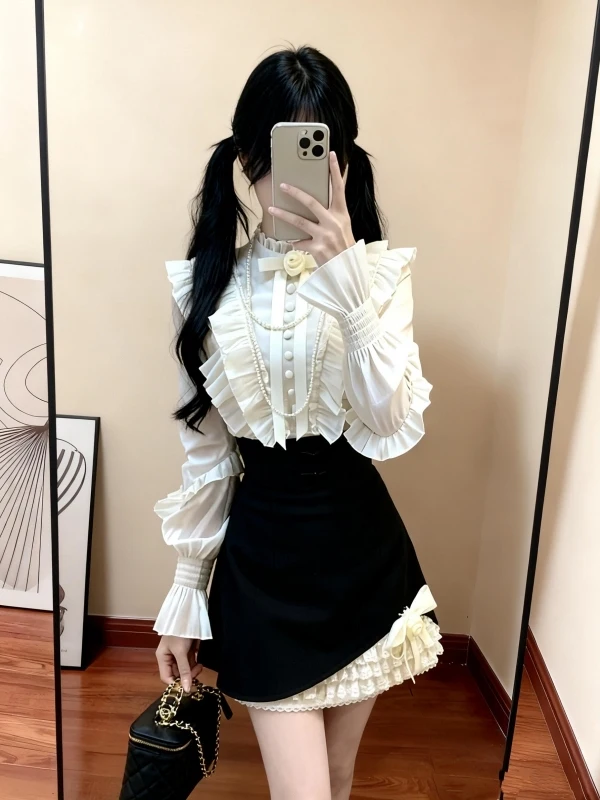 

Модный комплект в китайском стиле: юбка макси с высокой талией, топ с длинными рукавами и узлом, дизайн в стиле пэчворк, женский.