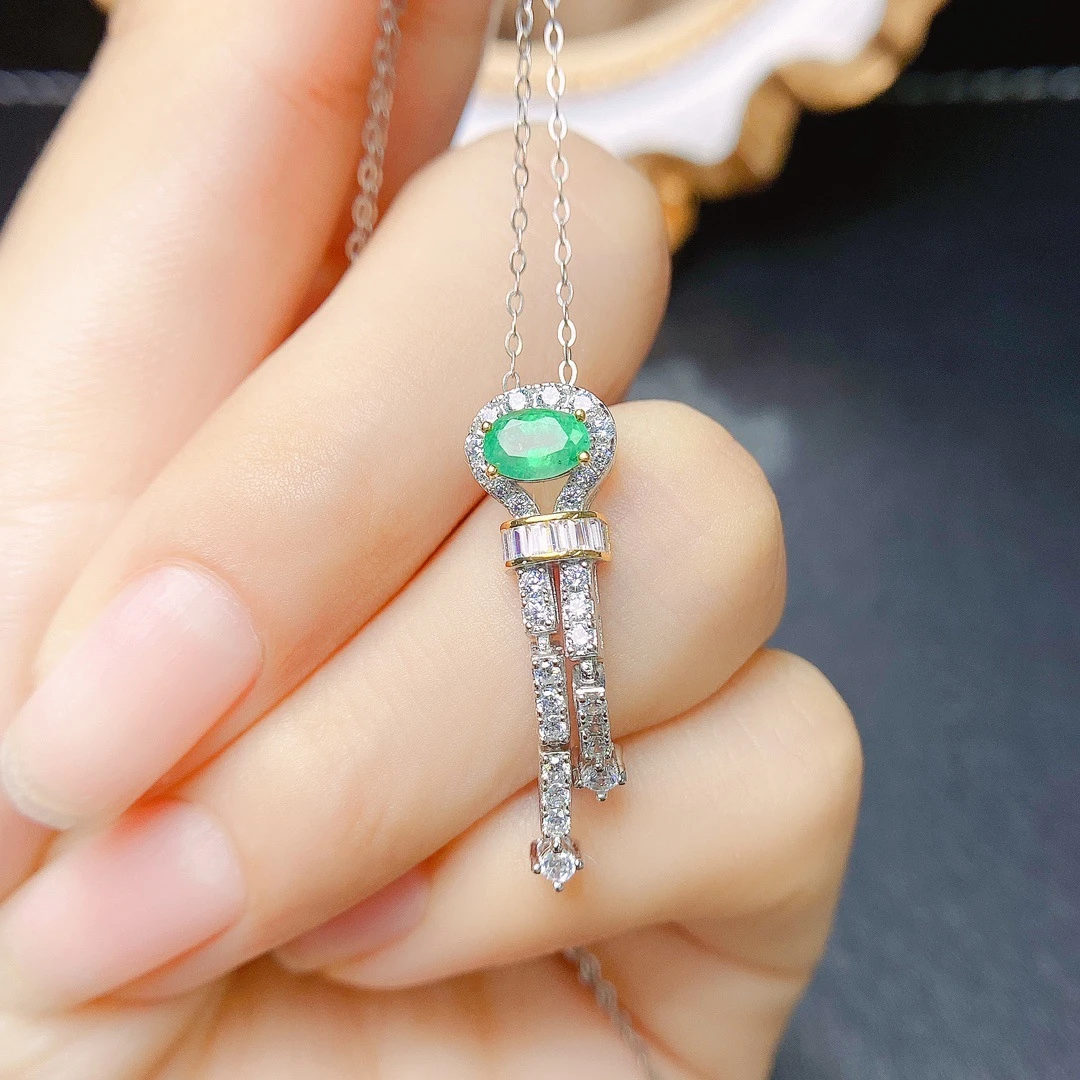 FS S925 Sterling Silver Inlay 4*6 Natural Emerald Pendant Necklace Fine Fashion Charm Weddings Jewelry for Women MeiBaPJ