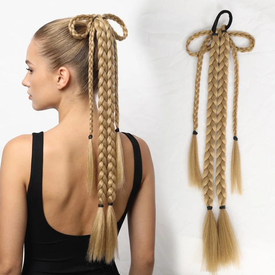 Bowknot Braided Ponytail Extension Elastic Rubber Band Synthetic Braid Hair Extension Blonde Brown Hairpiece Women