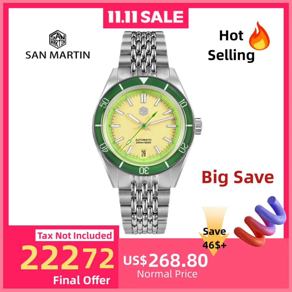 

San Martin 39.5mm NH35 Fruit Series Aluminum Bezel Mens Dive Watch Mechanical Wristwatch C3 Luminous 6H Date Sapphire SN0116B