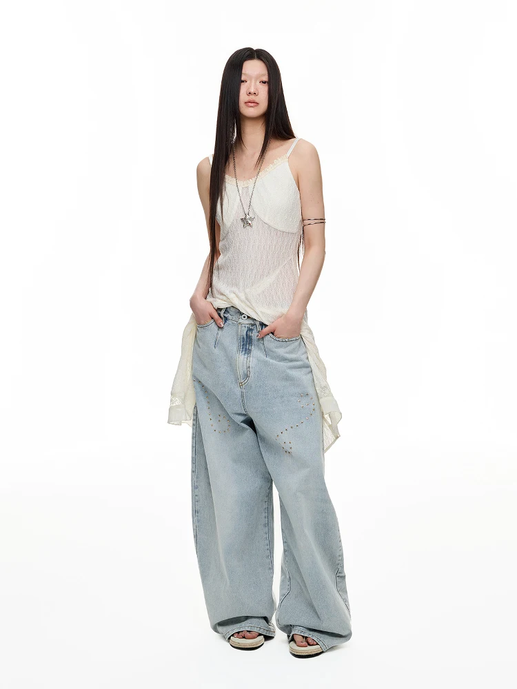 JIKOO カジュアル オールドスクール デニムジーンズ レディース ヘビー刺繍 ダイヤモンド ダッド スレ フェード加工 ワイドレッグ ストレート カジュアル ロングパンツ