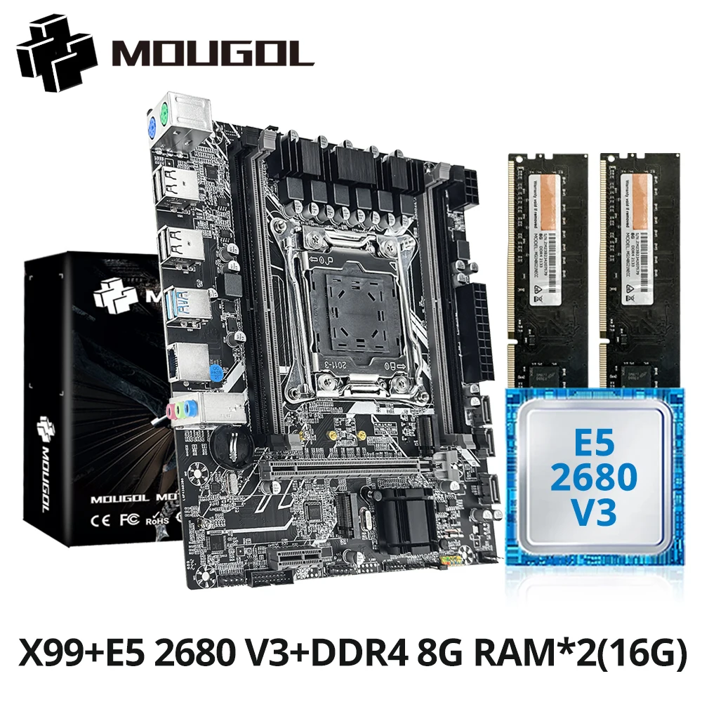 MOUGOL X99 Motherboard Set with Intel Xeon E5 2680 V3 CPU Dual-channel DDR4 8Gx2 2133MHz RAM for Gaming Computer Components