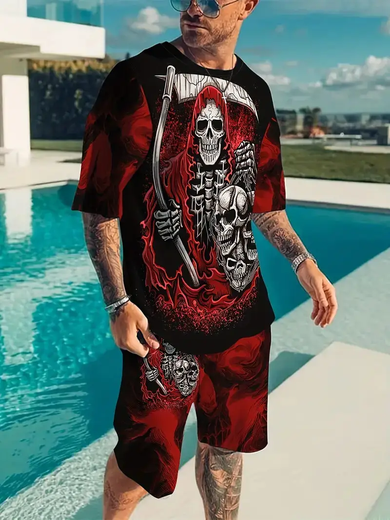 Summer Death God Skull Print Men's Set Shorts Outfits Male Clothing Street T Shirt Two Piece 3D Short Sleeve Oversized