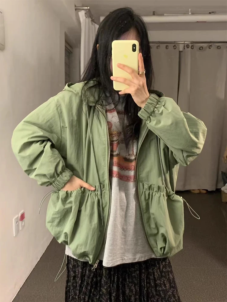 Chic automne nouveau rétro Dstring grand ket Design fermeture éclair à capuche longue Sve Jaet vêtements d'extérieur pour femmes décontracté trajet Sle