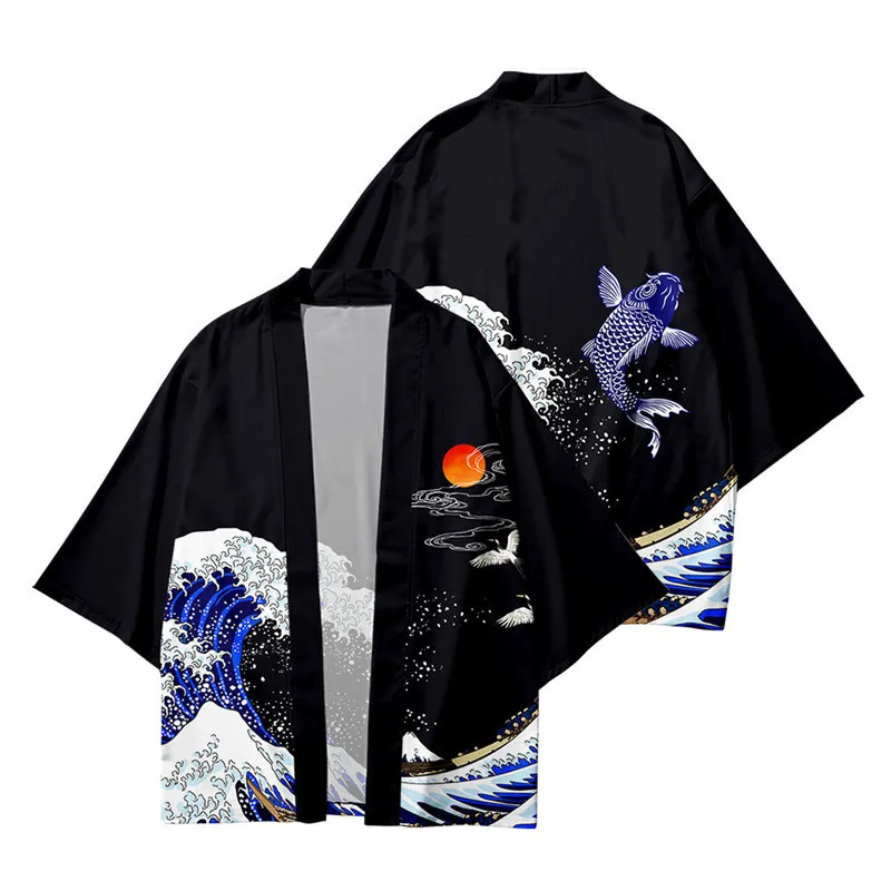 3 To 14 Years kids kimono Japanese Traditional Costume Boys Girl Wave Carp Print Haori Cardigan Jacket Children Beach Wear Cloak