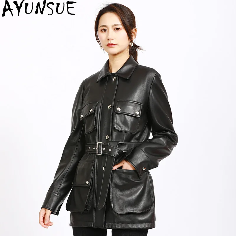 AYUNSUE Genuine Leather Jacket for Woman 2025 New in Coats Womens Leather Jackets Spring Autumn Clothes Belt Jaqueta De Couro