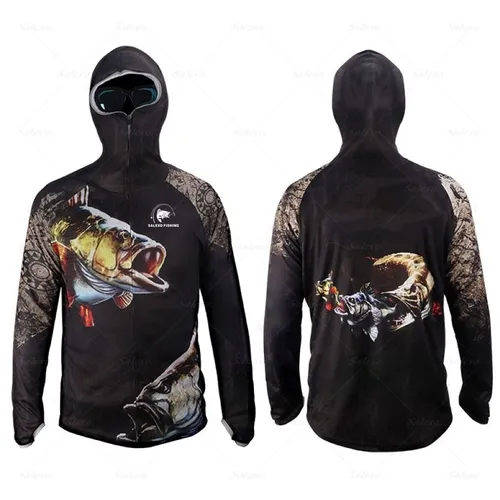 Imagen 1 del producto Camisa de pesca para hombre, chaqueta con protección solar, cara, cuello, Anti-uv, transpirable, ropa con capucha de pesca, ropa deportiva de secado rápido de seda helada