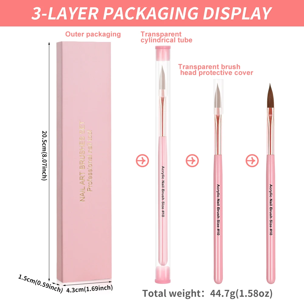 3Pcs/Set Acrylic Nail Art Brushes 8/10/14mm Pink Wooden Rod Crystal Pen For Acrylic Powder Extension&Carving Manicure Salon Tool