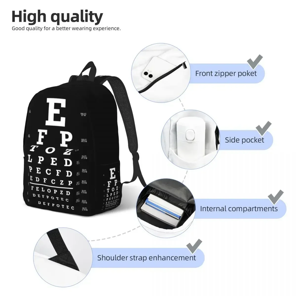 Zaini in tela Eye Snellen Chart per ragazzi e ragazze Optometrist Eye Exam College School Borse da viaggio Bookbag per laptop da 15 pollici