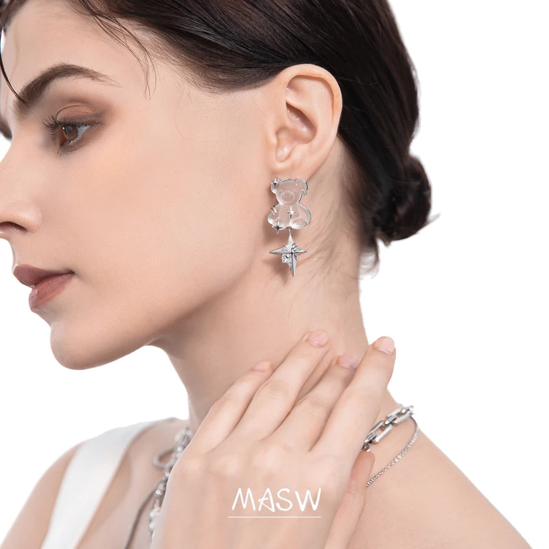 MASW Trendy Jewelry Little Bear Earrings 2022 New Trend Original Design Thick Silver Plated Asymmetrical Star Earrings For Girl