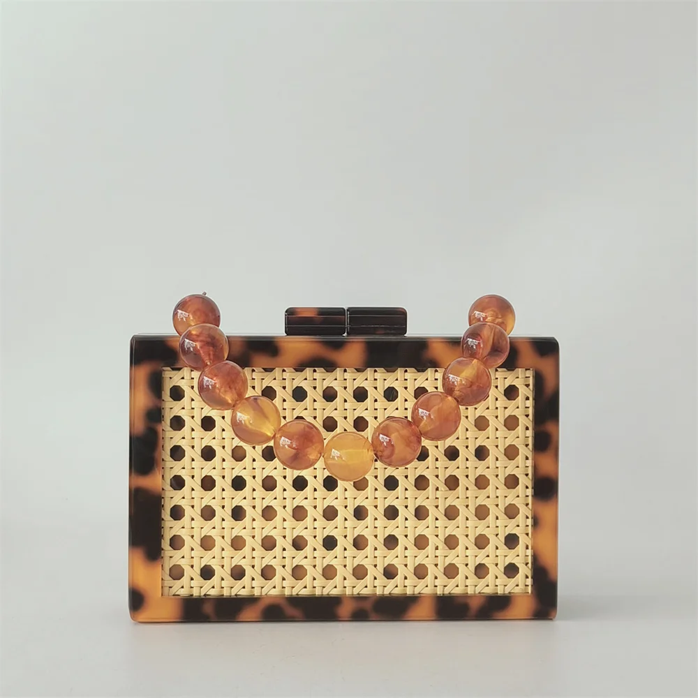 

Женская сумка-тоут с бисерными цепочками на ручке, плетеная пляжная дизайнерская сумка-бокс, женская сумка с клапаном, акриловая, с леопардовым принтом, соломенная сумочка