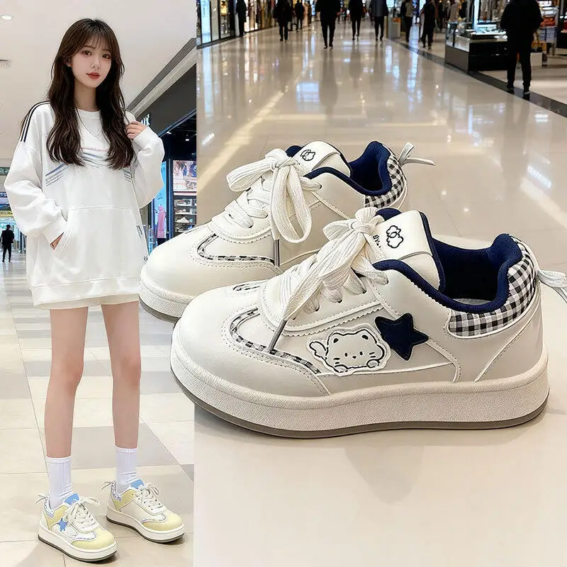 

Hot Women's Kawaii Style Platform Sneakers Casual Lace-Up Shoes Fashion Trendy Daily Walking Shoes with Cartoon & Plaid Details