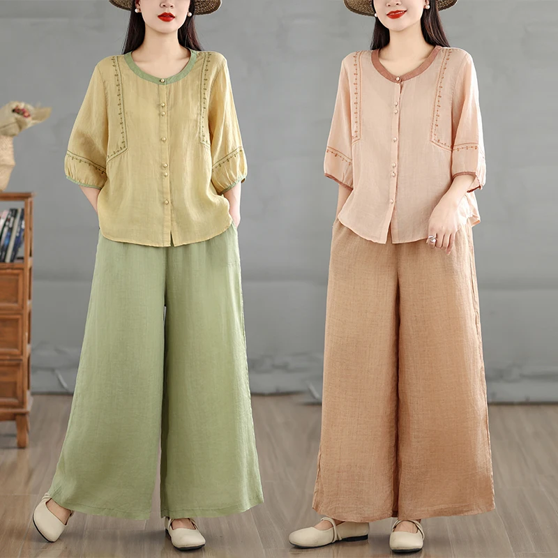 Retro Fashionable Cotton Linen Shirt Jacket Top And Casual Pants Two-Piece Set Spring Summer 2026 Women's Business Casual Wear