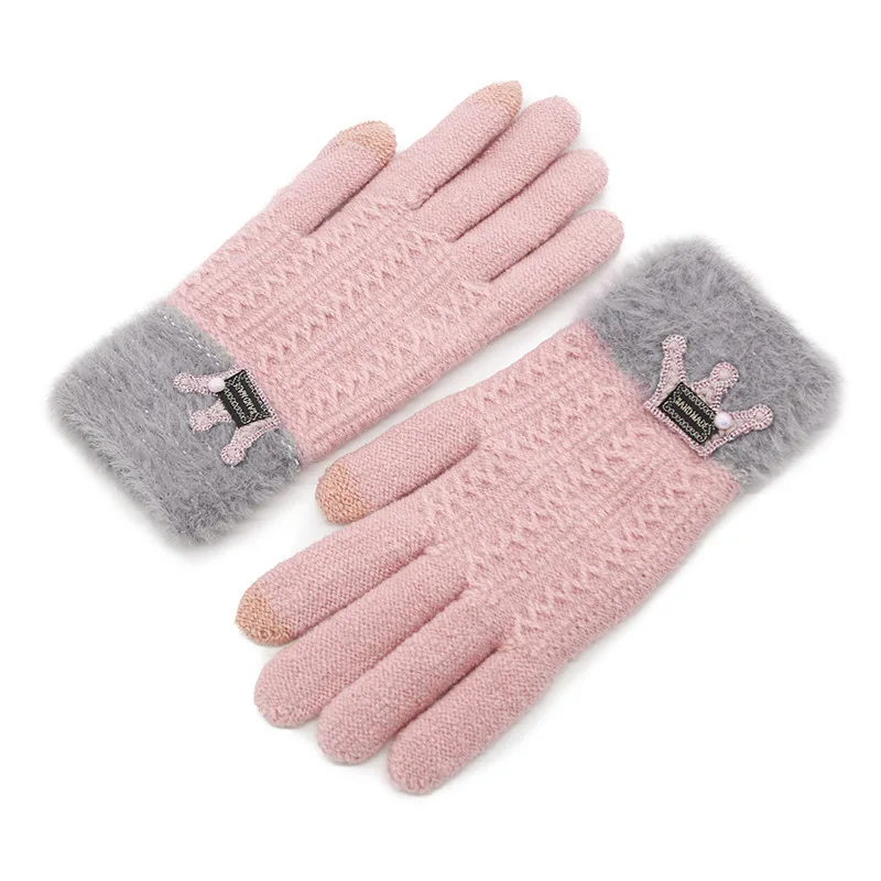 Guantes de punto suaves para jóvenes y estudiantes, Manoplas de Invierno para mujer, corona encantadora, todos los dedos, pantalla táctil, ciclismo, mantiene el calor, T193