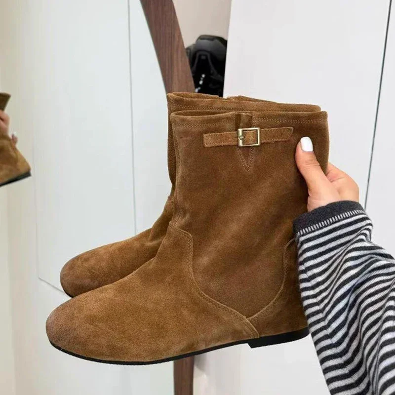 

Aneikeh Fashion Buckle Round Toe Comfortable Soft Fabric Women Ankle Boots Square Low Heels Shoes Autumn Winter Botas De Mujer