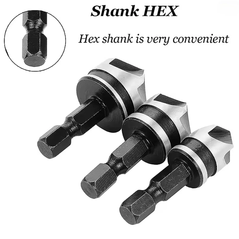 

3 шт., деревообрабатывающая высокоуглеродистая сталь, шестигранный хвостовик, 5 канавок, 90 градусов, фреза для снятия фаски, набор сверл с зенковкой, 12/16/19 мм