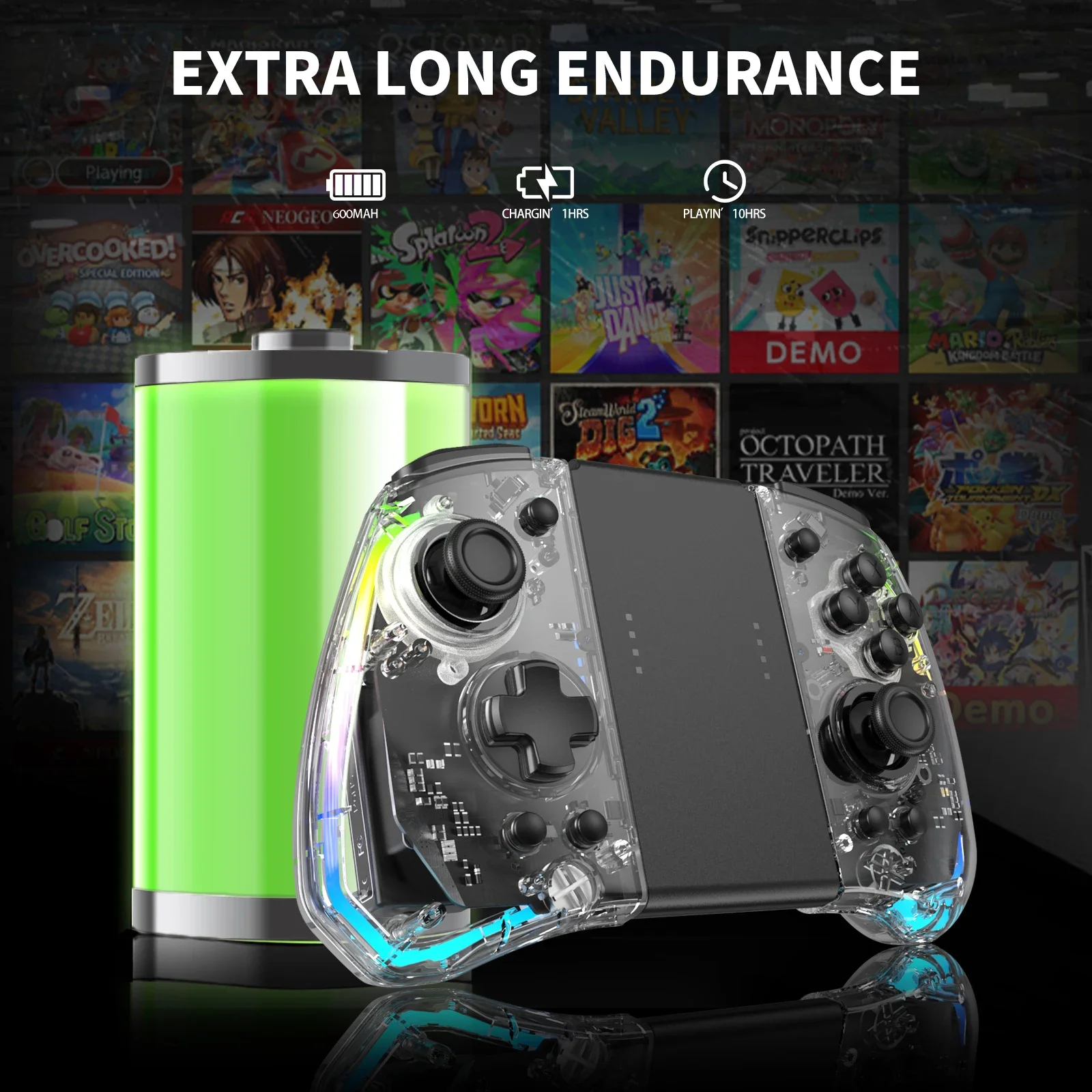 Y40 وحدة تحكم ألعاب شفافة 500 مللي أمبير في الساعة محركات مزدوجة زر واحد إيقاظ الحركة ستة محاور وظيفة توربو للتبديل