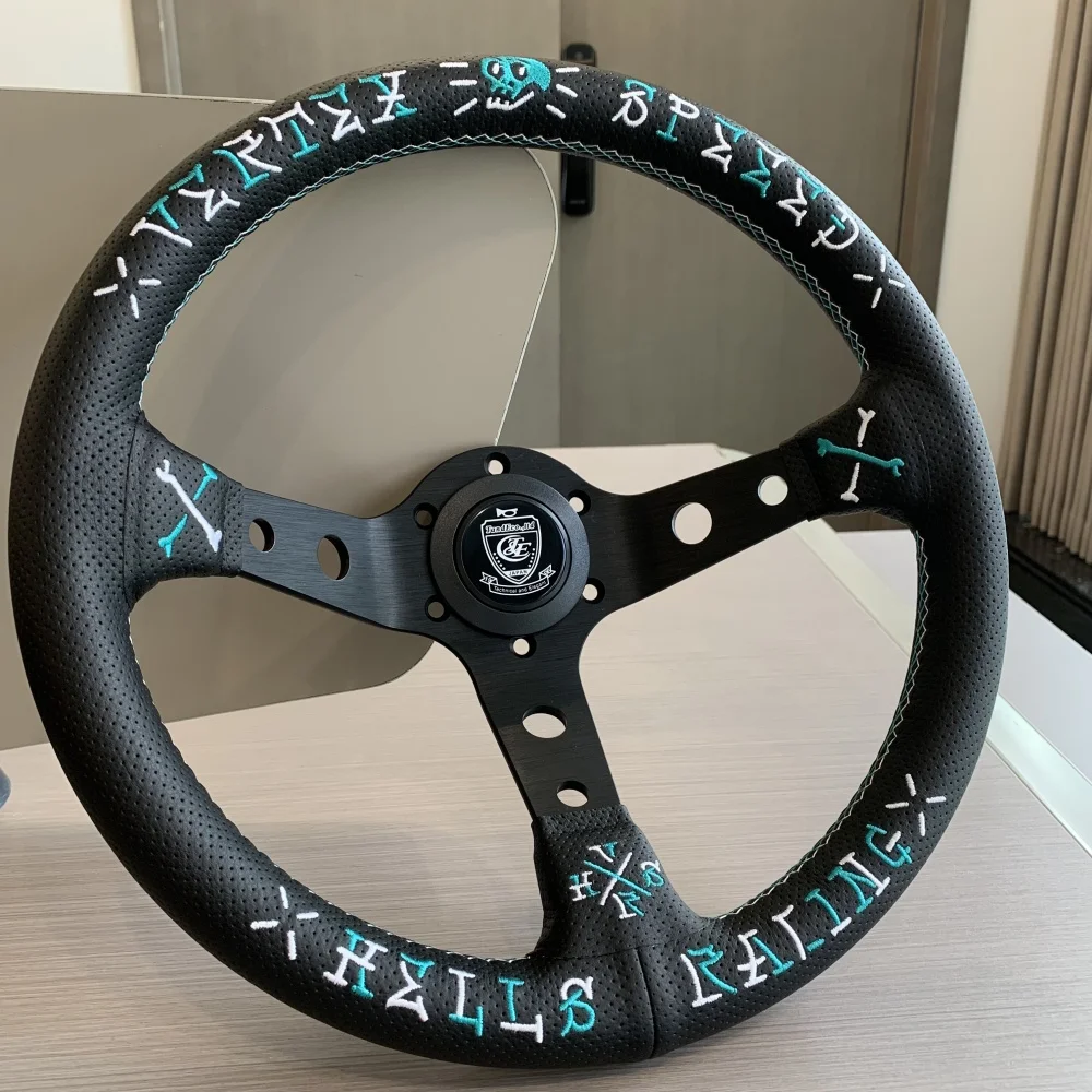 JDM VERTEX LANG Redesign New Green Perforated Leather Skeleton Embroidery Racing Steering Wheel