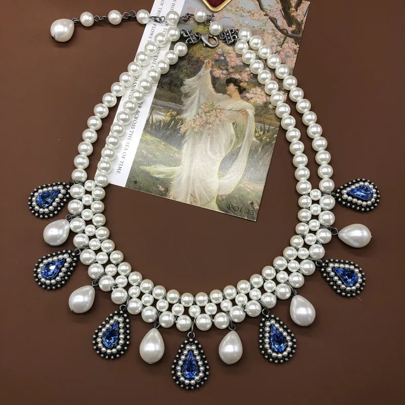 

Stylish and Simple Diamond-encrusted Pearl Fringed Water Drop Pendant Necklace Design High-end Retro Luxury Sweater Chain Neck C