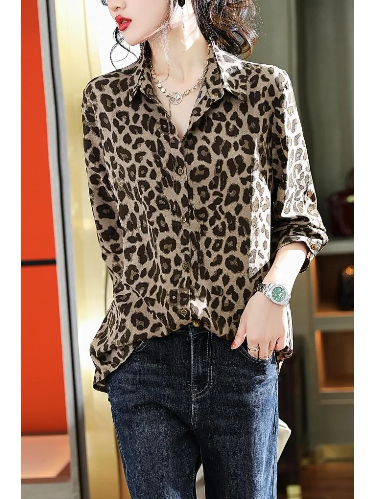 Spot European Station Large Size New Straight Tube Leopard Print Chiffon Shirt Loose Fat Sister Women\'s Wear 2022 Autumn