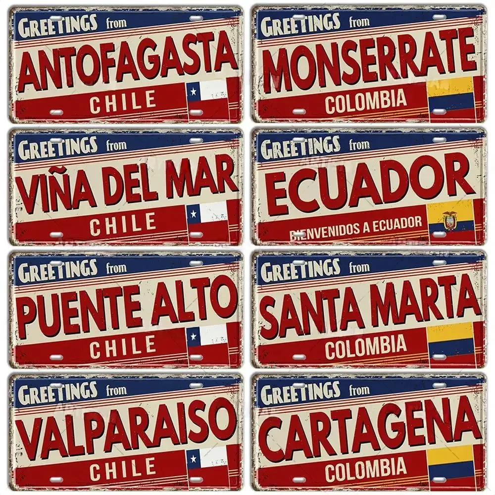 Chile Argentina Colombia Car Plate Landmark Metal Sign Vintage Decorative Wall Plaque City Name Tin Sign Bar Cafe Garage Decor