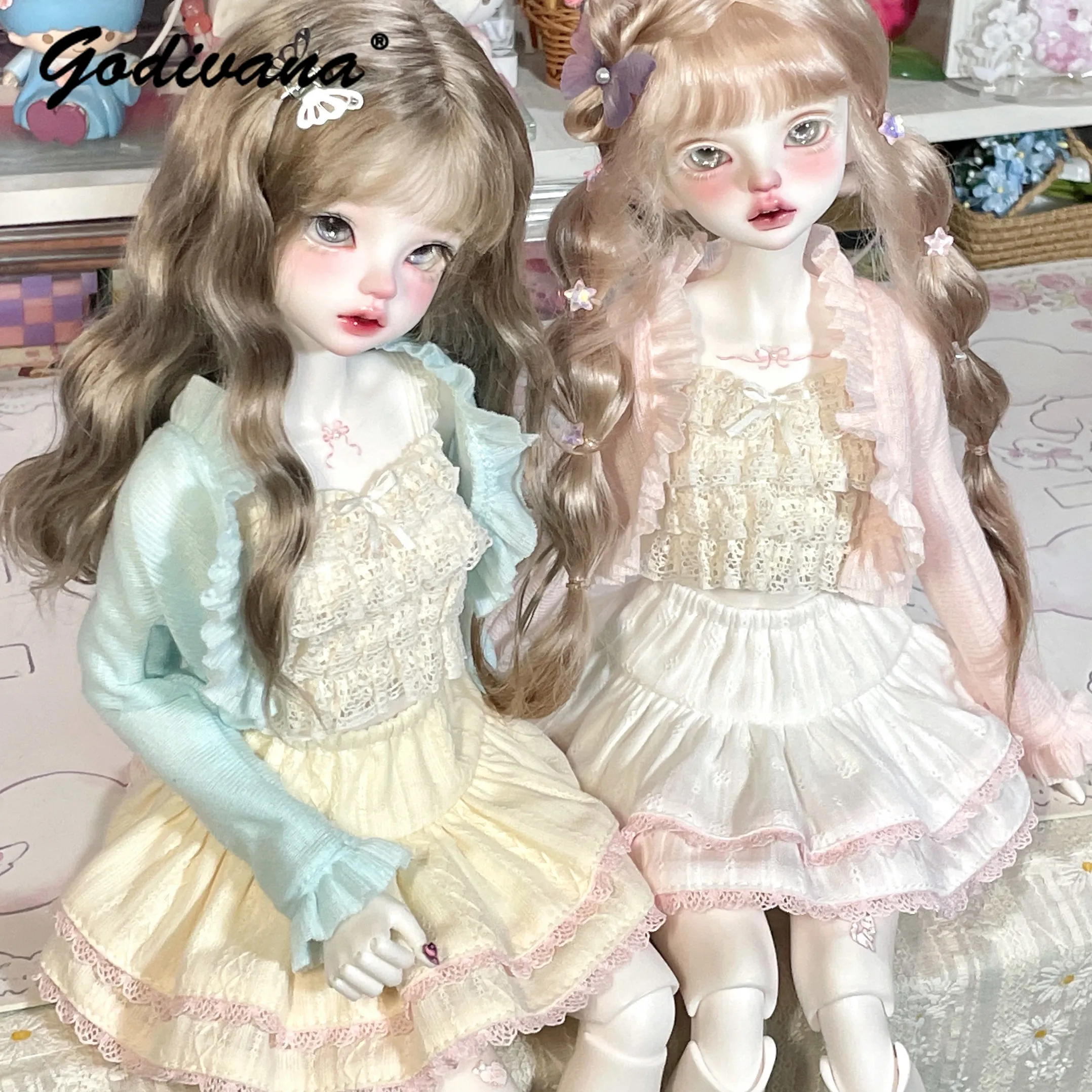 Одежда для кукол BJD 1/4: милый пастельный топ с кружевной отделкой, кардиган с рюшами и многослойная юбка с носками, подходит для кукол BJD 1/4.