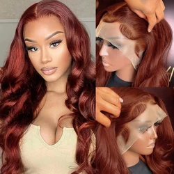 Perruque Lace Front Wig Brésilienne Naturelle, Cheveux Humains, Rouge Foncé, Brun, 13x6, 13x4, 4x4, Pre-Plucked