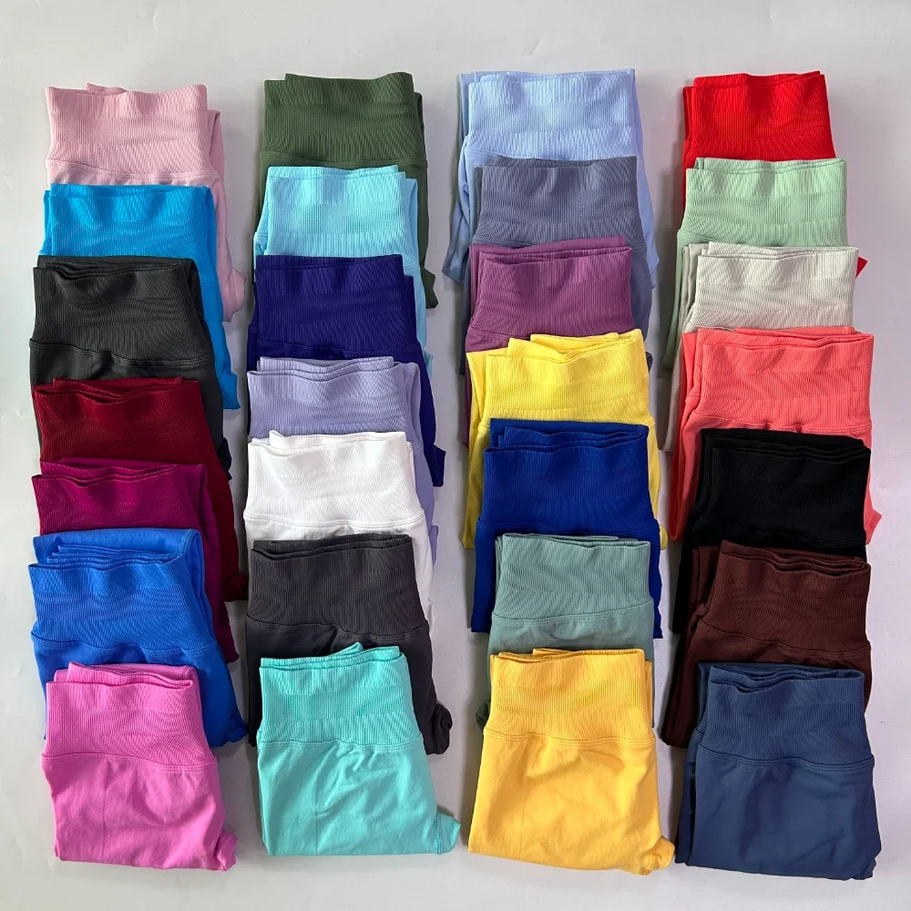 

No Logo Yoga Leggings Women Seamless Sports Pants High Waist Low Ribbed Band Fitness Sweat Wicking Workout Tights Gym Leggings