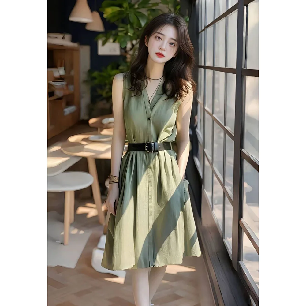 レディースミリタリーグリーンドレス 2025 夏新ライト高級ハイエンド A ラインベルトドレス薄型人気のノースリーブサスペンダー Vestidos