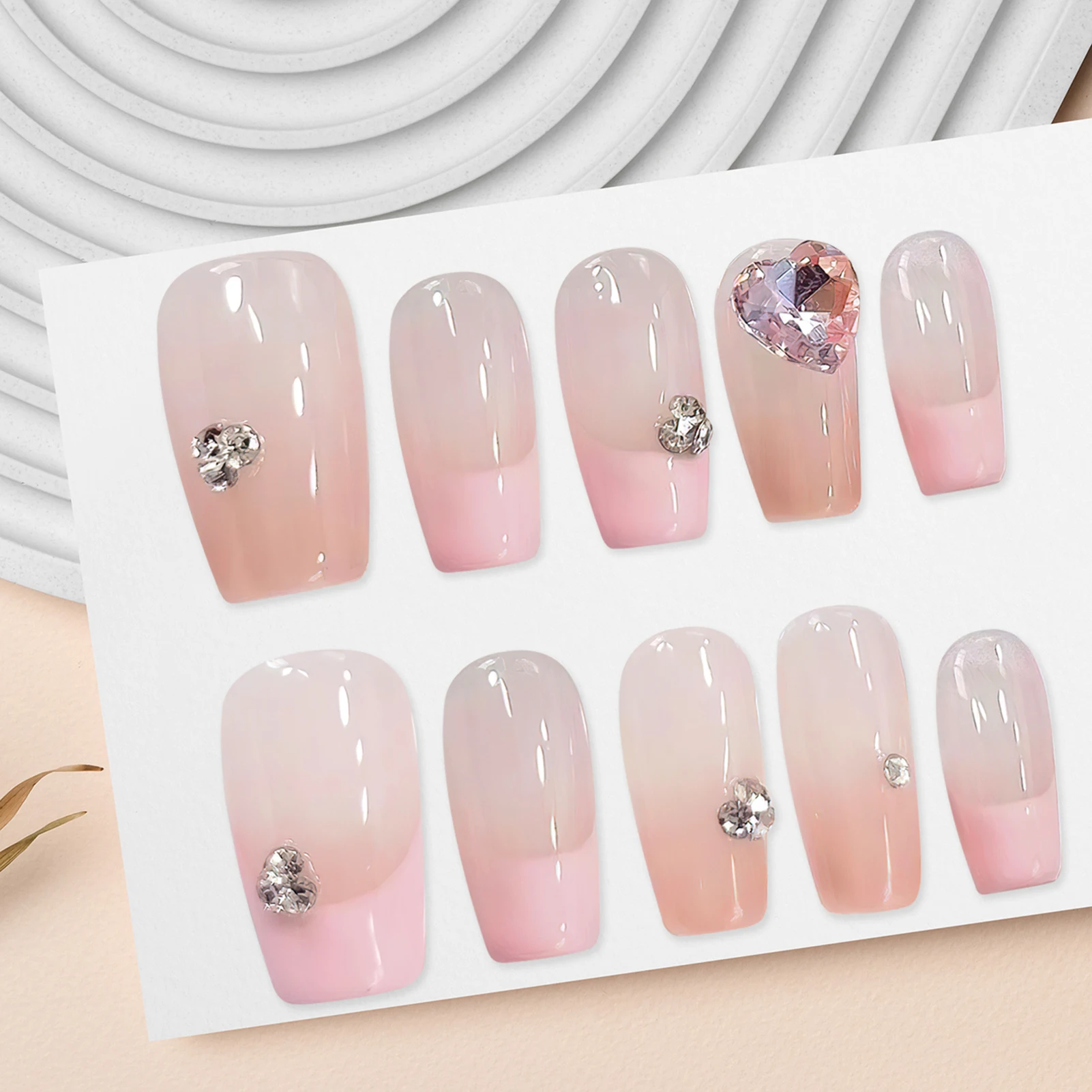 Handmade Glossy Pink Press on Nails Detachable French Style Fake Nail Patches Flash Diamond Designs Short Square False Nail Tips