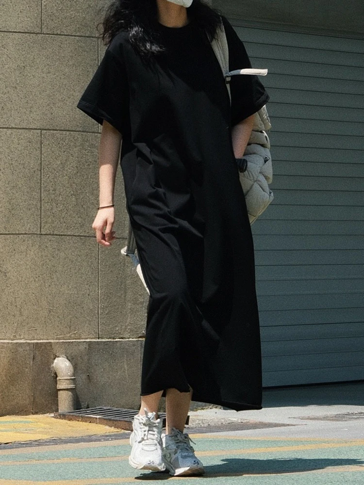 [EAM] Women Gray Brief Big Size Pocket Long T-shirt Dress New Round Neck Short Sleeve Fashion Tide Spring Summer 2024 1DH6473