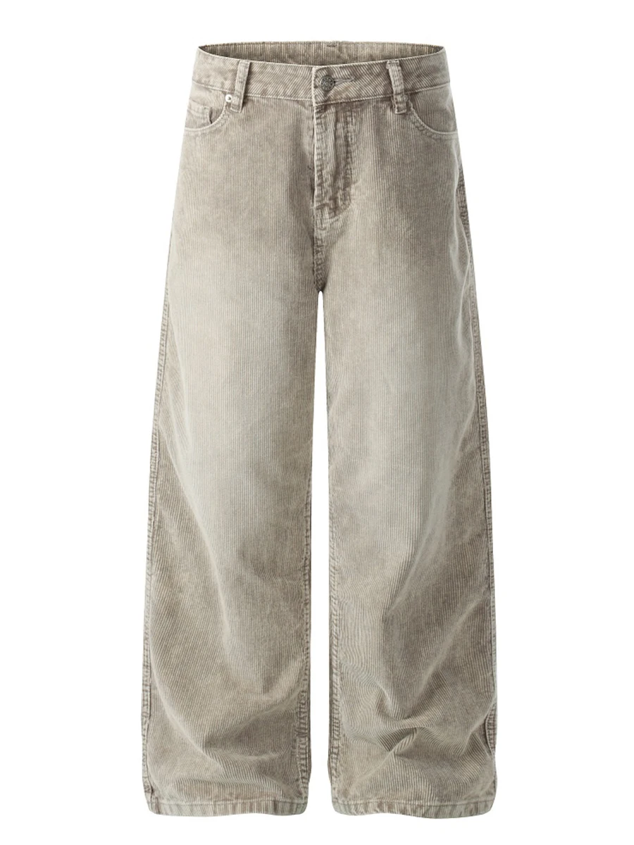 Retro Corduroy Pants Mens Pocket Washed Distressed Spring Casual Baggy Straight Wide Leg Trousers Man