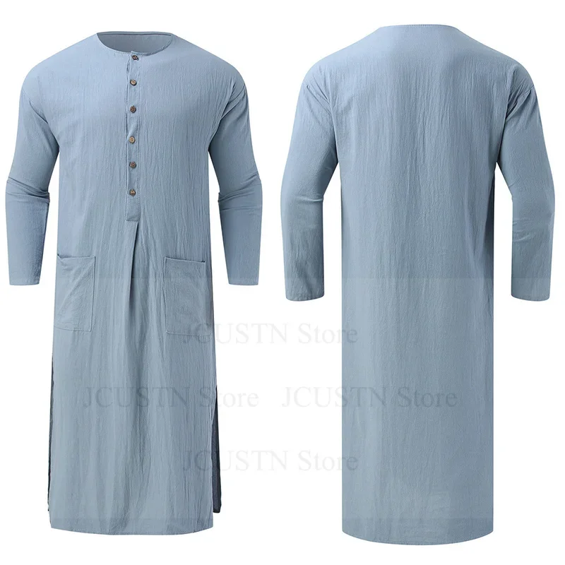 Men's Solid Color Long Sleeve Pockets Robes Men Saudi Arabia Abaya Dress Big Size 3Xl4Xl5Xl Muslim Robes Muslim Kaftan Male