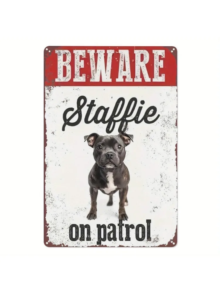 Panneau drôle de patrouille de chien Staffordshire Bull Terrier, texte méfiez-vous de la patrouille, décoration murale en métal Vintage, Plaque en fer blanc robuste