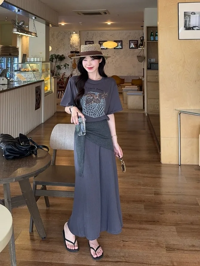 

plus Size Women's Lazy Style Casual Grey Knitted T-Shirt High Waist Midi Skirt Three Piece Set Summer New Fashion plus Size O...