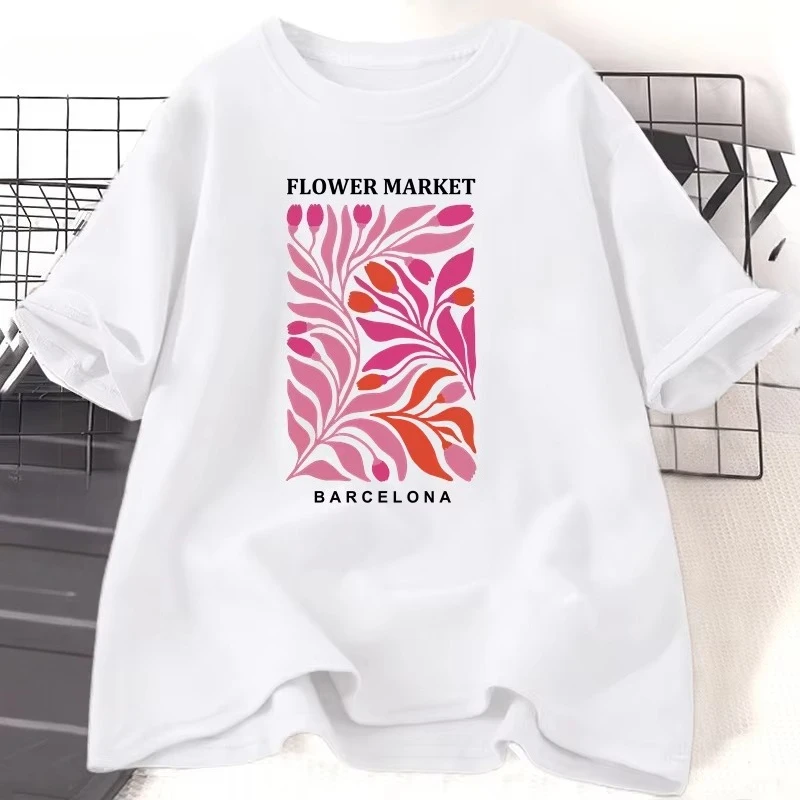 Flower Market Barcelona Tshirt Woman Cotton Flower T-shirt Casual Short Sleeve Round Neck Summer Graphic T Shirts Clothes Tops
